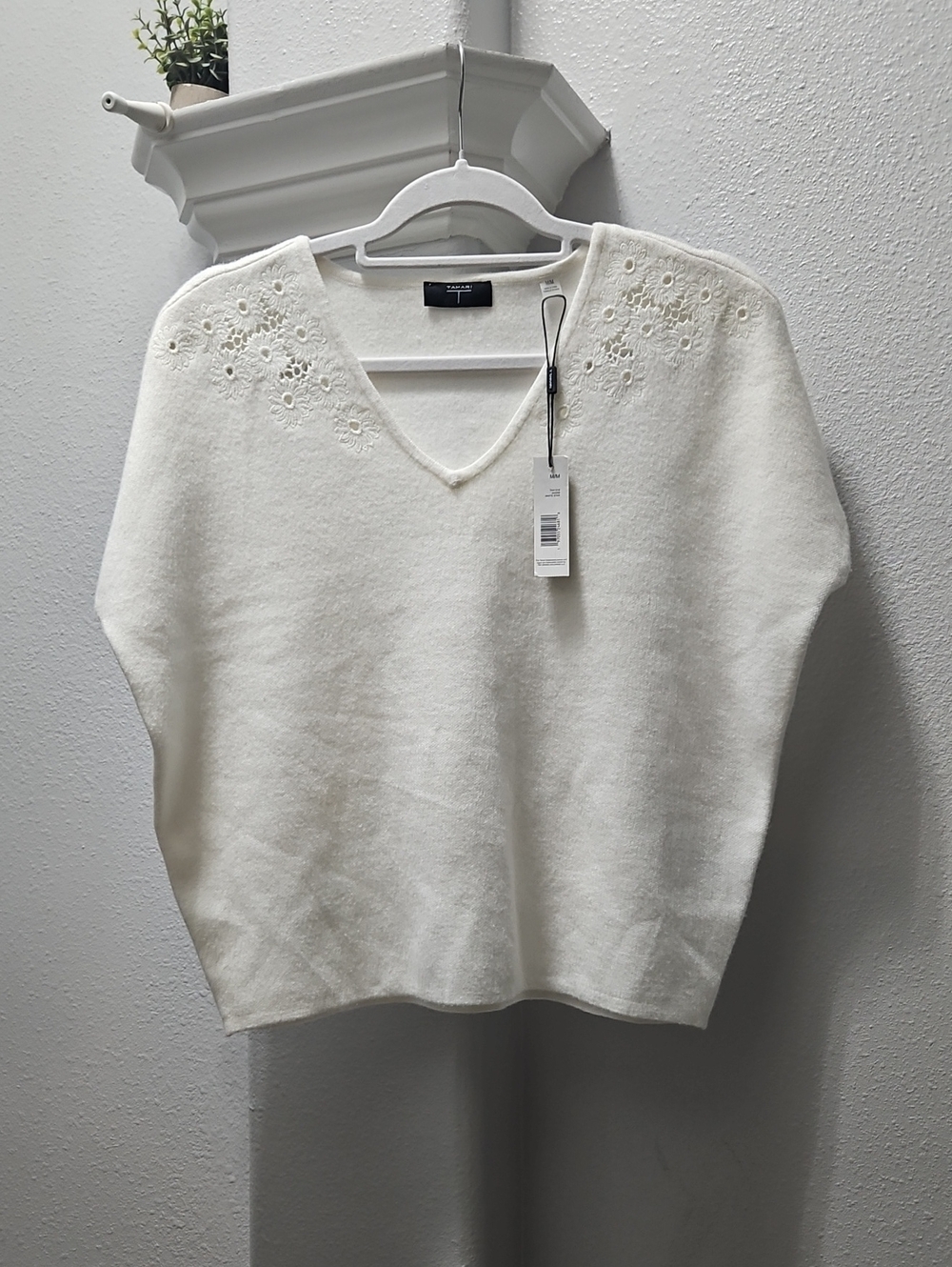 Tahari Ivory V-Neck Sweater with Shoulder Eyelet Embroidery
